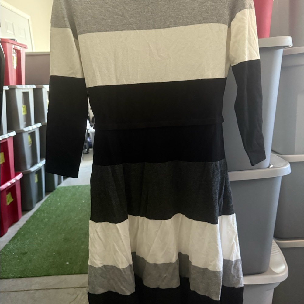 Tommy Hilfiger Long Sleeve Striped Dress in Black, White & Gray